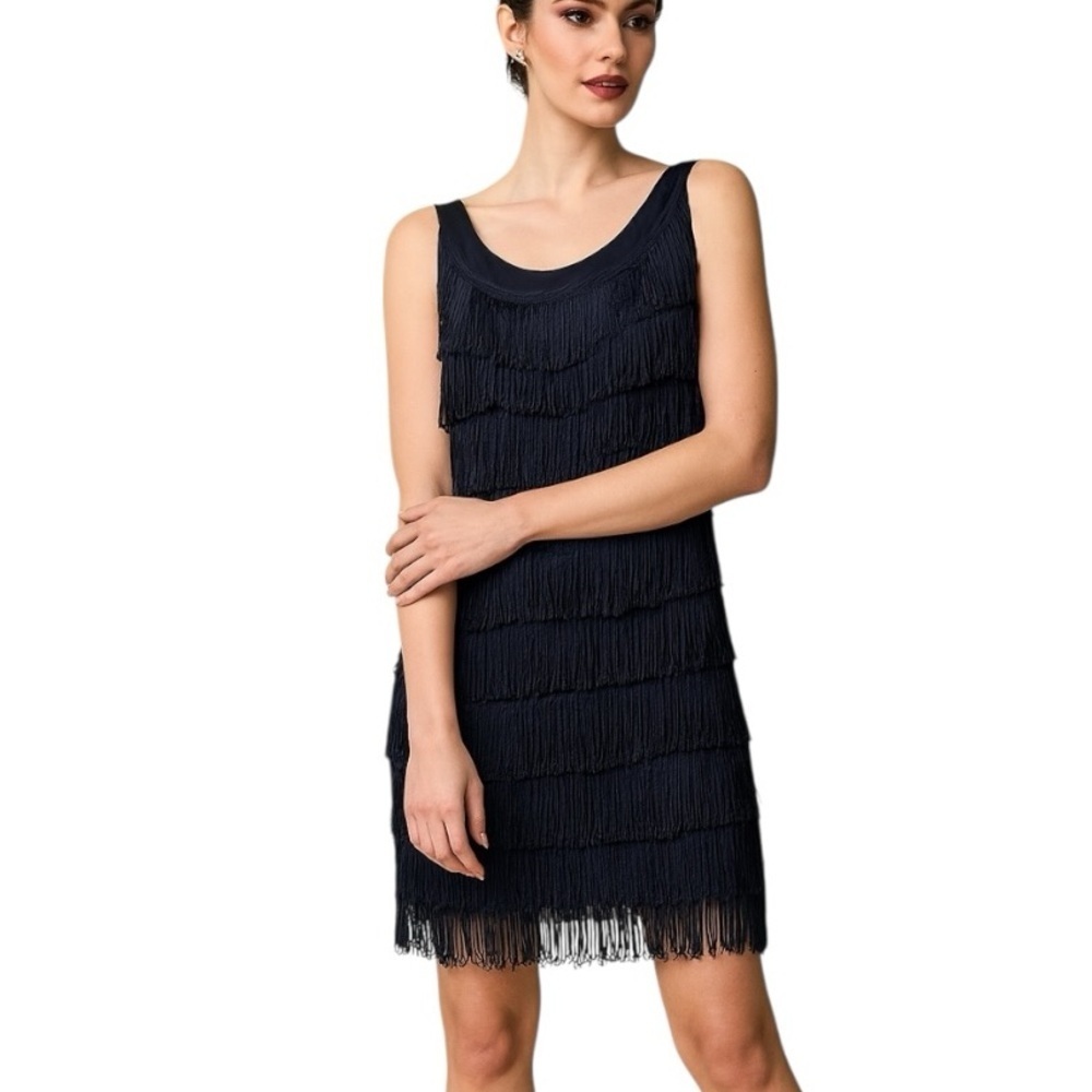 Vintage H&M Large Navy Blue Sleeveless Fringe Shift Dress